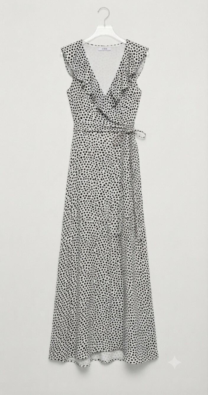 Mango Black/White Polka Dot Wrap Maxi Dress V-Neck Ruffle lined Sleeveless (L)